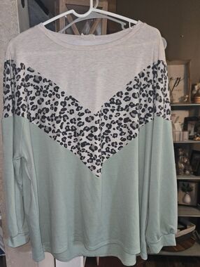 BIBI  Mint Green Colorblock Leopard Chevron Long Sleeve Top Oversized🎈
